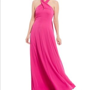 AlexMarie Cross Front Drape Back Halter Gown